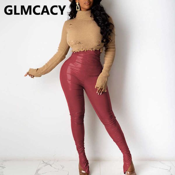 

women high waist skinny slit pu pants 210702, Black;white