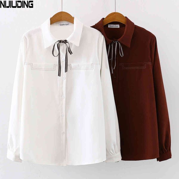 

office lady long sleeve blouse female shirts autumn spring slim bow turn-down collar wild women retro 210514, White
