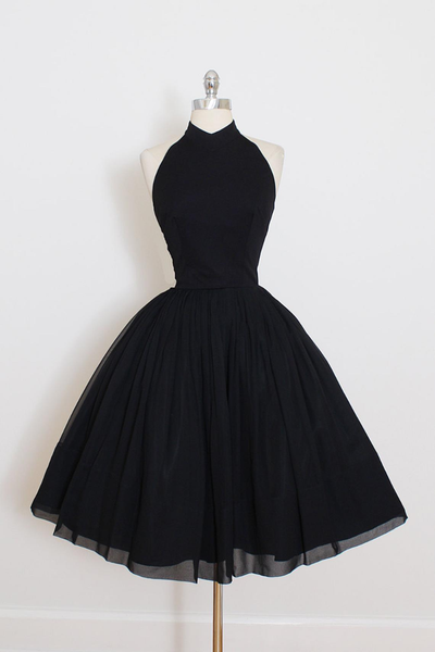 

party dresses black chiffon knee-length skirt with halter neck and leak-back short prom gown supports multi-color customization, White;black