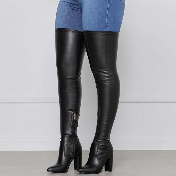 

boots fashion knee high women 2021 autumn thick heels thigh female pu leather pointed toe black ladies big size