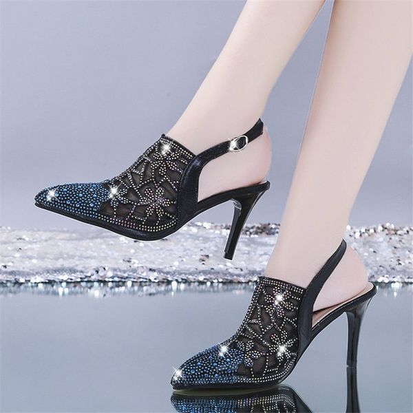 

pumps summer new stiletto pointed high-heeled sequin buckle sandals mesh gauze hollow wild sandals1, Black