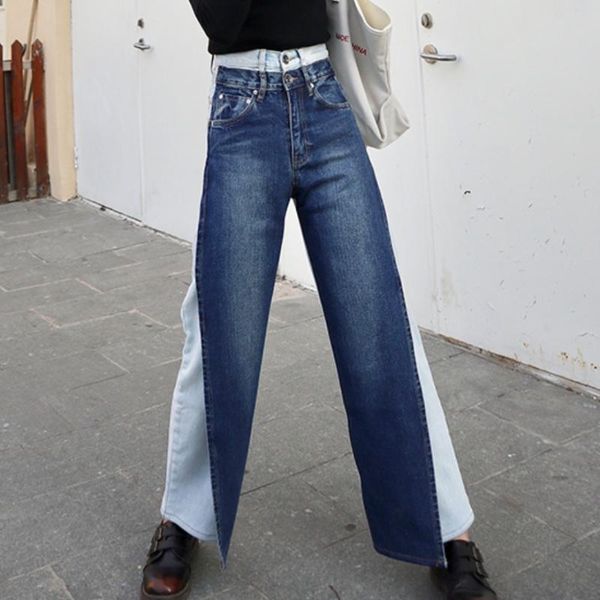

women's jeans [ewq] 2021 autumn spring contrast color fake two pieces high waist trousers leg denim wide pants, Blue