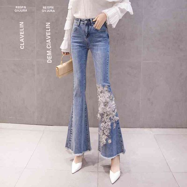 

fashion spring autumn europe style women beading embroidery flower flare skinny denim pants female jeans trousers a3214 210428, Blue