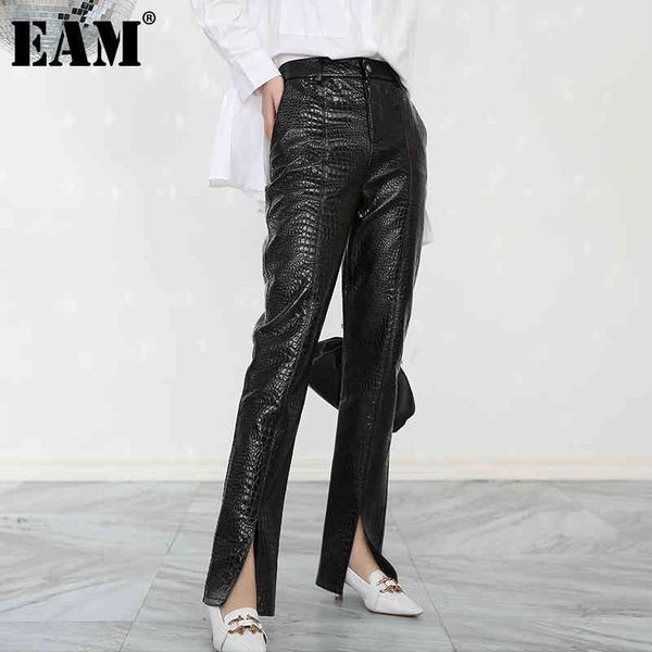 

[eam] pu leather pattern long high waist trousers loose fit pants women fashion spring autumn 1dd348001 210512, Black;white