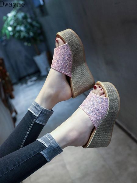 

dress shoes summer fashion sequins slip wedge sandals beach sandals., Black