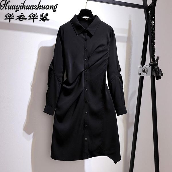 

casual dresses 2021 autumn fat mm hepburn style irregular shirt skirt korean version loose and thin temperament large size dress, Black;gray