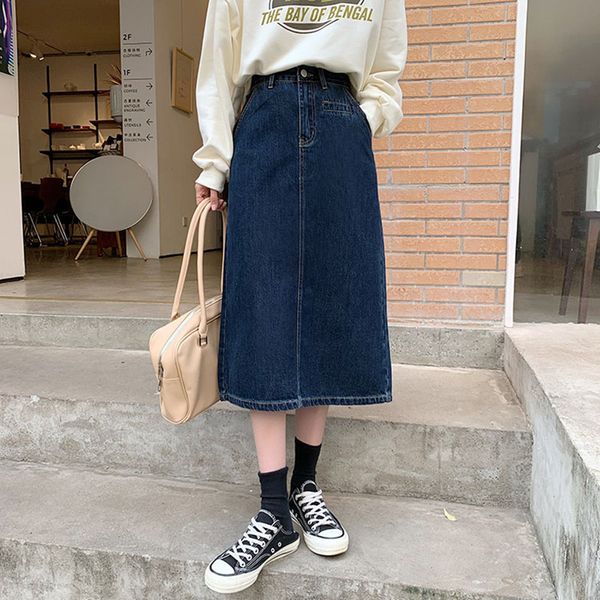 

s-xl 2 colors long denim skirt korean style high waist midi skirts women split vintage a line jean skirt (78578 210423, Black