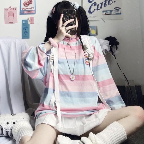 

women's t-shirt online celebrity super fire striped long sleeve female korean retro hong kong style loose bottom tide, White