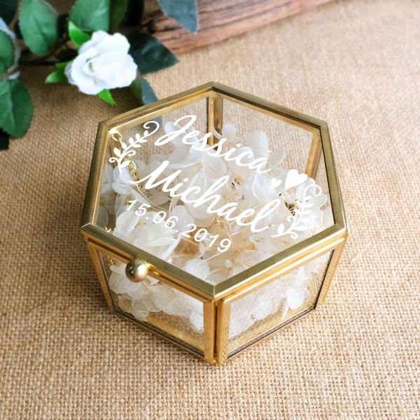Peraonalisierte Hochzeitsgeschenk-Ehering-Box aus Glas, geometrische Ringträger-Box, antike Blumen-Glas-Ringhalter 210408