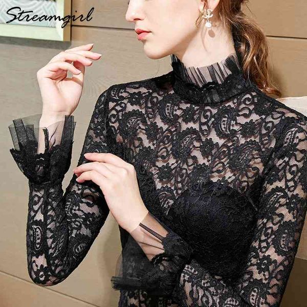 Spitze Transparente Bluse Gestickte Frauen Tops Plus Größe Elegante Weiße Blusen Spitze Rüschen Kragen Bluse Langarm Hemd 210421