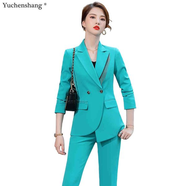 

women's suits & blazers latest ladies business pant suit design white blue black formal 2 piece blazer set women asymmetric tassel jack, White;black