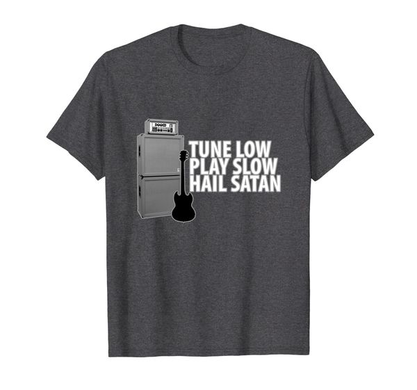 

mens tune low play slow hail satan metal guitar t shirt, White;black