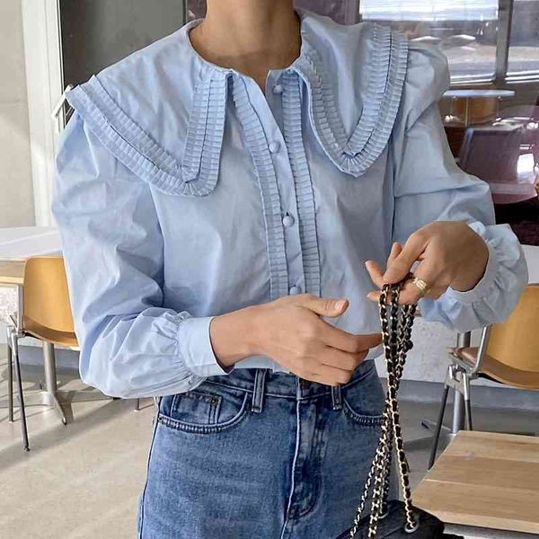 

turn down collar puff long sleeve single breast blouse women draped design solid loose blusas work style ol shirt 210427, White