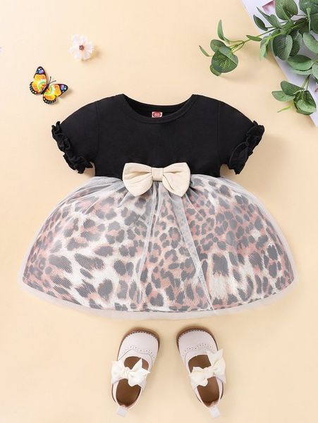 

baby leopard print contrast mesh bow frilled dress she, Red;yellow