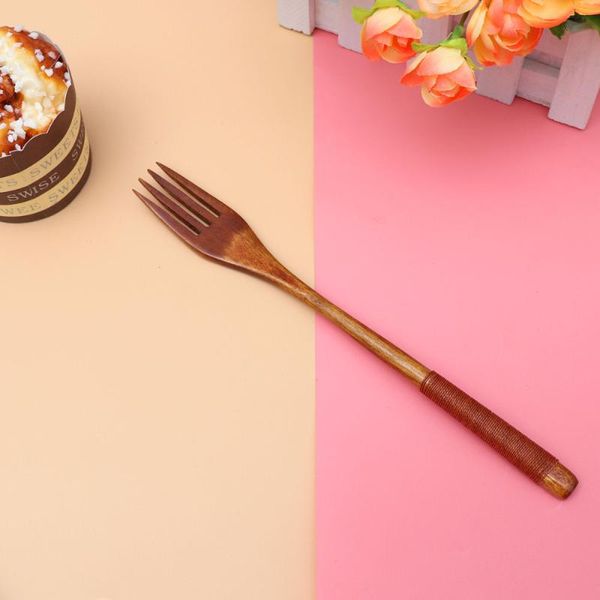 

forks japanese style wooden fork household tableware children utensil (black thread)