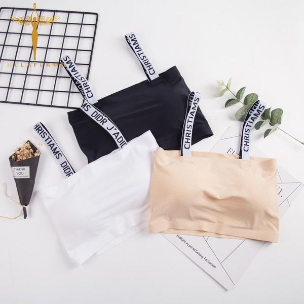 

bustiers & corsets seamless thin bras women's wireless tube chest pad ice silk camisole strap sport underwear femme bottom crop cas, Black;white