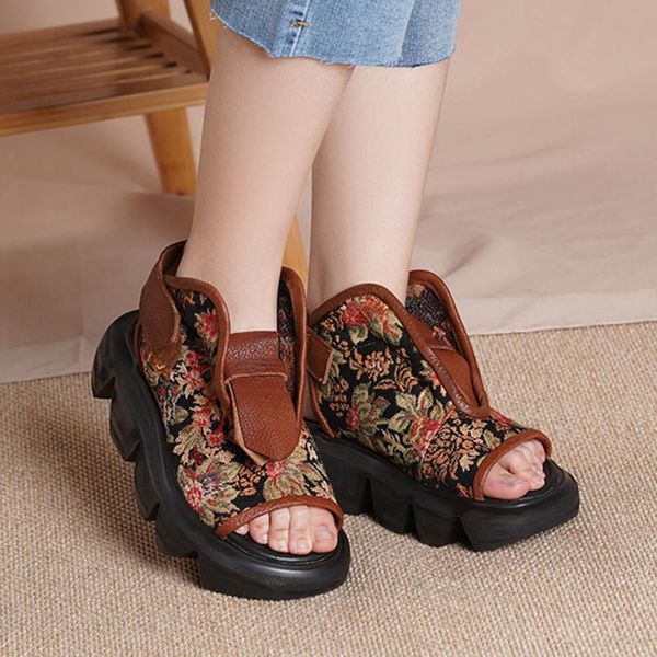 

original retro thick heel women sandals 2021 summer national comfortable fish mouth causal platform open toe shoes, Black