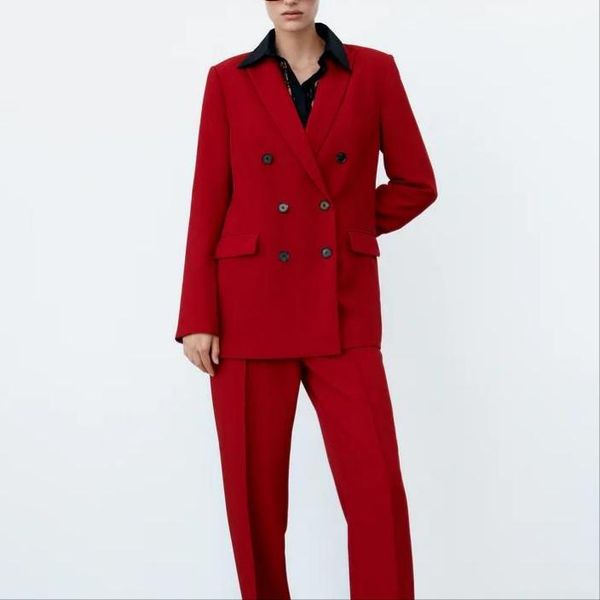 

women's suits & blazers women 2021 double breasted red straight casual suit korean fashion pocket lapel long sleeve winter clothes, White;black