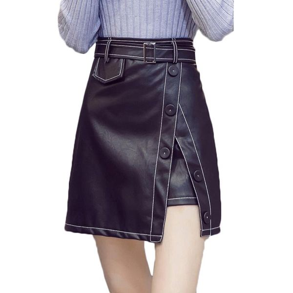 

skirts street-wear black leather skirt women autumn winter irregular belted soft pu mini side split high waist shorts saias