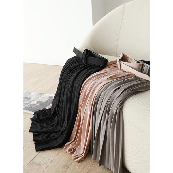 

skirts high waist elastic pleated skirt is easy and fashionable a the word knitted with belt, Black