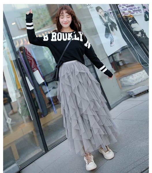 

skirts fashion for 2021 woman skirt pleated net gauze puff long, Black