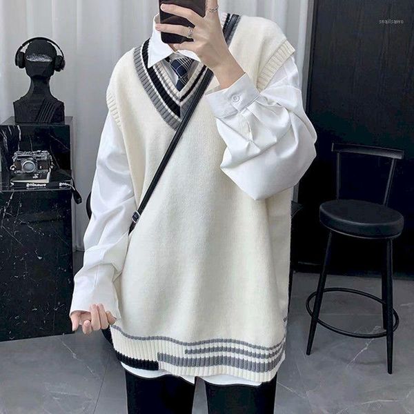 

men's vests autumn korean version of the v-neck sweater student uniform class service college style loose vest men winter china, Black;white