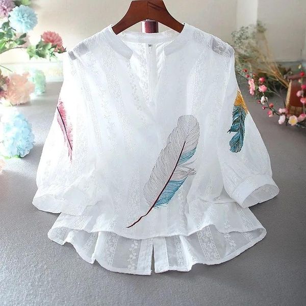 

women's blouses & shirts women retro embroidery summer romantic crop blouse shirt half sleeve 2021 chic female tunic sy203, White