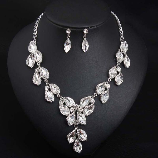 

earrings & necklace luxury women banquet wedding party jewelry set fashion bride and bridesmaid crystal 2piece sets, Silver