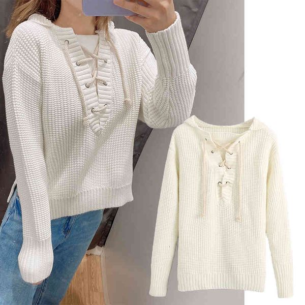 

women's sweaters women autumn solid color hooded sweater rope v-neck girl long sleeve casual loose knit pullovers f36m, White;black