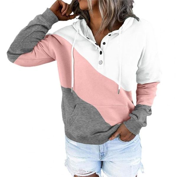 

women's hoodies & sweatshirts women olor block buttons neck sweatshirt warm drawstring hooded pocket casual hoodie streetwear pullover, Black