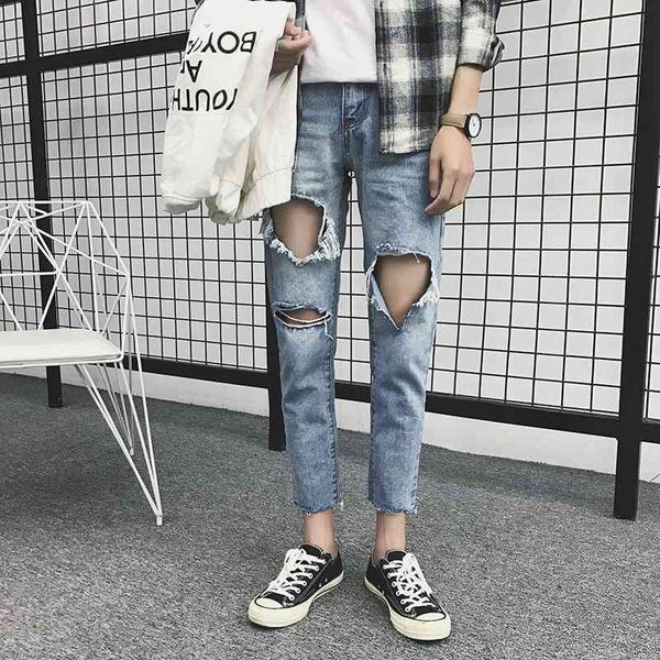 

men's jeans spring and thin section ripped ankle light-colored slim-fitting feet casual autumn beggar korean style pants zxfm, Blue