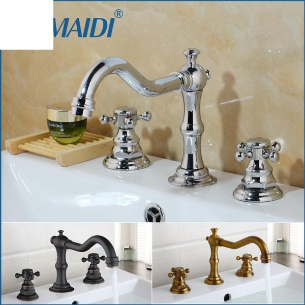 

antique brass finished bathroom & kitchen basin mixer tap sink faucet double handles 3 pcs faucets
