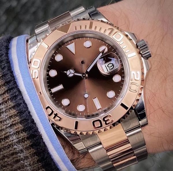 

men's stainless steel automatic mechanical watch classic luxury yacht designers create ceramic rotating circle mouth folding clasp 40 m, Slivery;brown