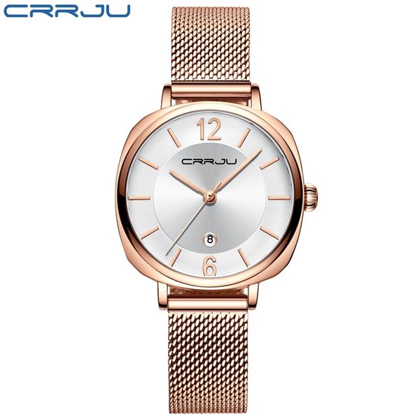 

women watch crrju fashion calendar white watch for women casual waterproof quartz ladies dress mesh belt watch relogio feminino 210517, Slivery;brown