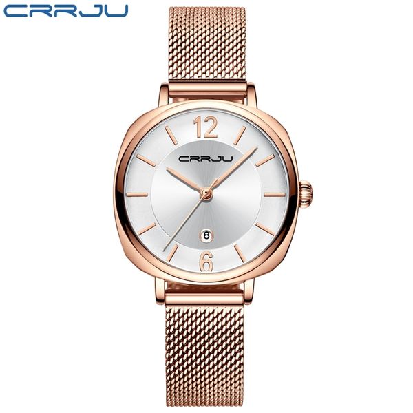 Damenuhr CRRJU Mode Kalender Weiße Uhr für Frauen Lässige wasserdichte Quarz Damen Kleid Mesh Gürteluhr relogio feminino 210517