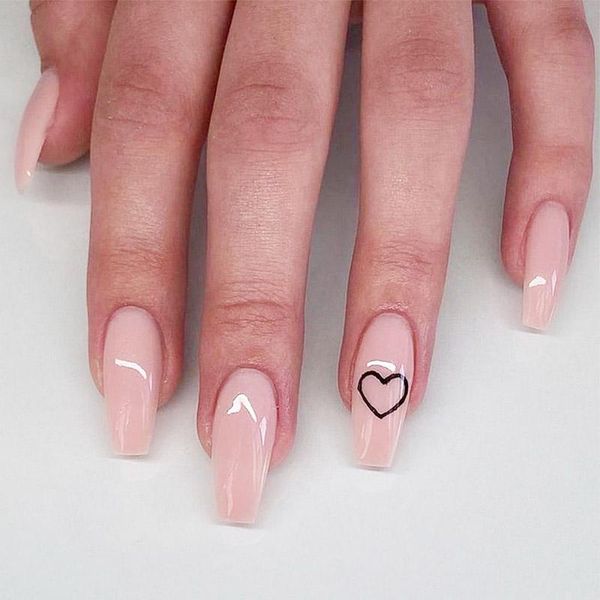 

false nails 24pcs/box middle length ballet nude pink color with design heart pattern artificial glue, Red;gold