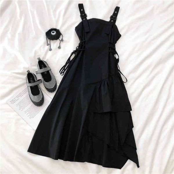 Black Vintage Vestido Gótico Mulheres Sem Mangas Sem Mangas Harajuku Streetwear Irregular A-Linha Goth Bandage Strap Vestidos Punk 210417