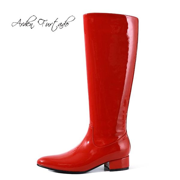 

boots arden furtado winter fashion 2021 chunky heels women's slip-on red round toe knee high 34-40, Black