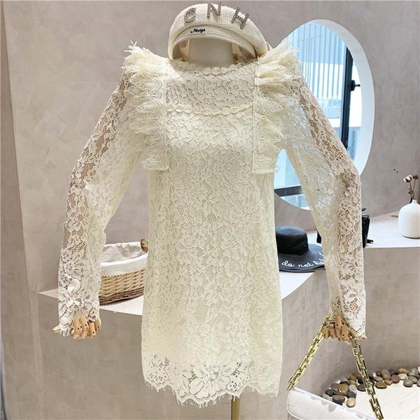 

casual dresses women's clothing summer 2021 fashion design sweet temperament hollow out lace loose long sleeve dress, Black;gray