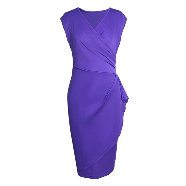 

casual dresses women dress elegant v neck summer party sleeveless slim bodycon vintage purple color ruffles midi office lady celebrity vesti, Black;gray
