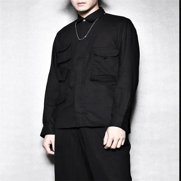 

men's casual shirts long-sleeve shirt spring and autumn slim linen personality pocket decoration yamamoto wind large size, White;black