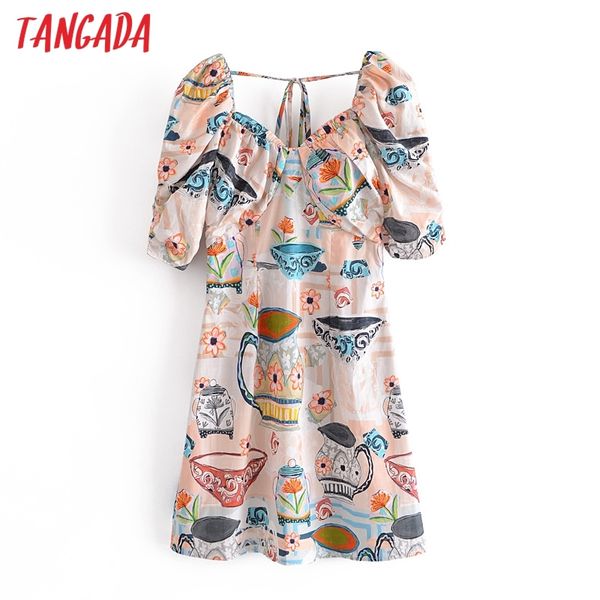 

summer women funny print casual puff short sleeve back zipper ladies mini dress vestidos 3h279 210416, Black;gray