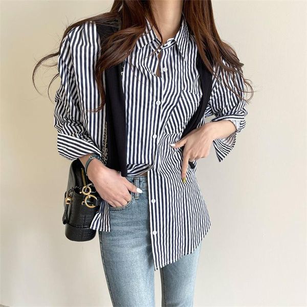 

women's blouses & shirts hzirip oversize loose full sleeves all match summer striped 2021 stylish korean elegance brief outwear, White