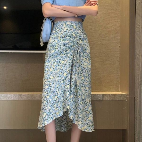 

summer vintage floral print ruffle pleated long drawstring skirts women korean skirt streetwear elastic waist midi, Black