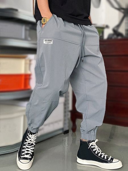 

men slogan patched detail drawstring waist pants p94r#, Black