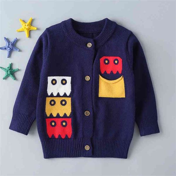 Chegada Menino Camisola Crianças Roupa Impressão Dos Desenhos Animados Bebê Meninos Cardigan Button Blue Knitwear 1-5T Kids 210629