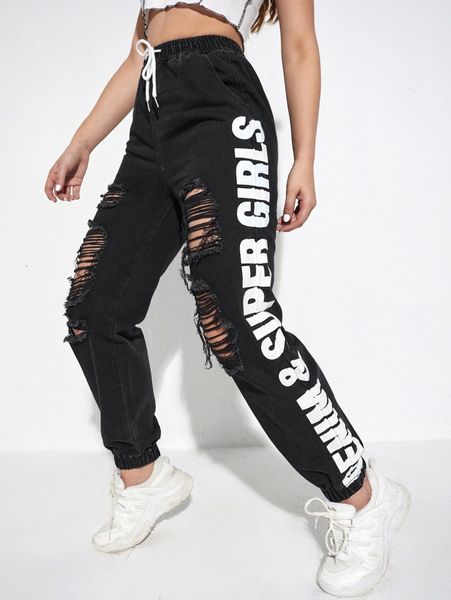 

drawstring waist letter graphic ripped jogger jeans t5uq#, Blue