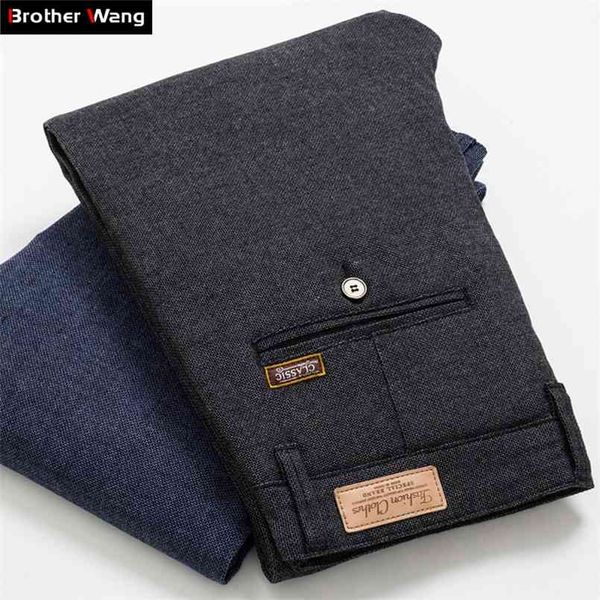 

men's slim casual pants fashion business stretch trousers male brand plaid pant black blue 210810