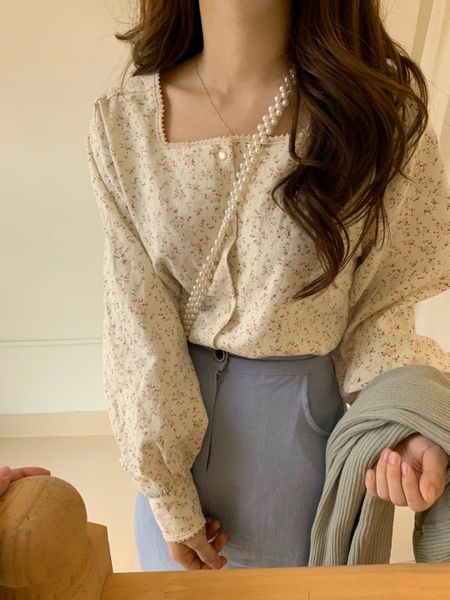 

long sleeve cotton women blouses spring summer sweet fashion square collar loose print shirt shirts 117e 210420, White