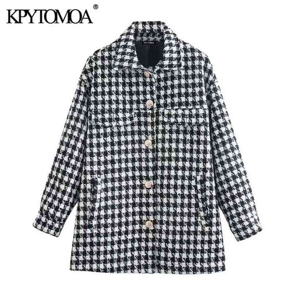 

women fashion with pockets loose check tweed jacket coat vintage long sleeve button-up female outerwear chic 210420, Black;brown